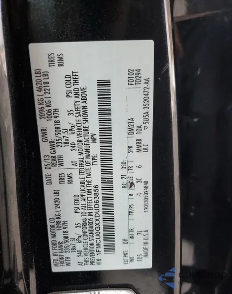 2013 Ford Escape Se z USA, uszkodzony, nr VIN 1FMCU0GXXDUD63856